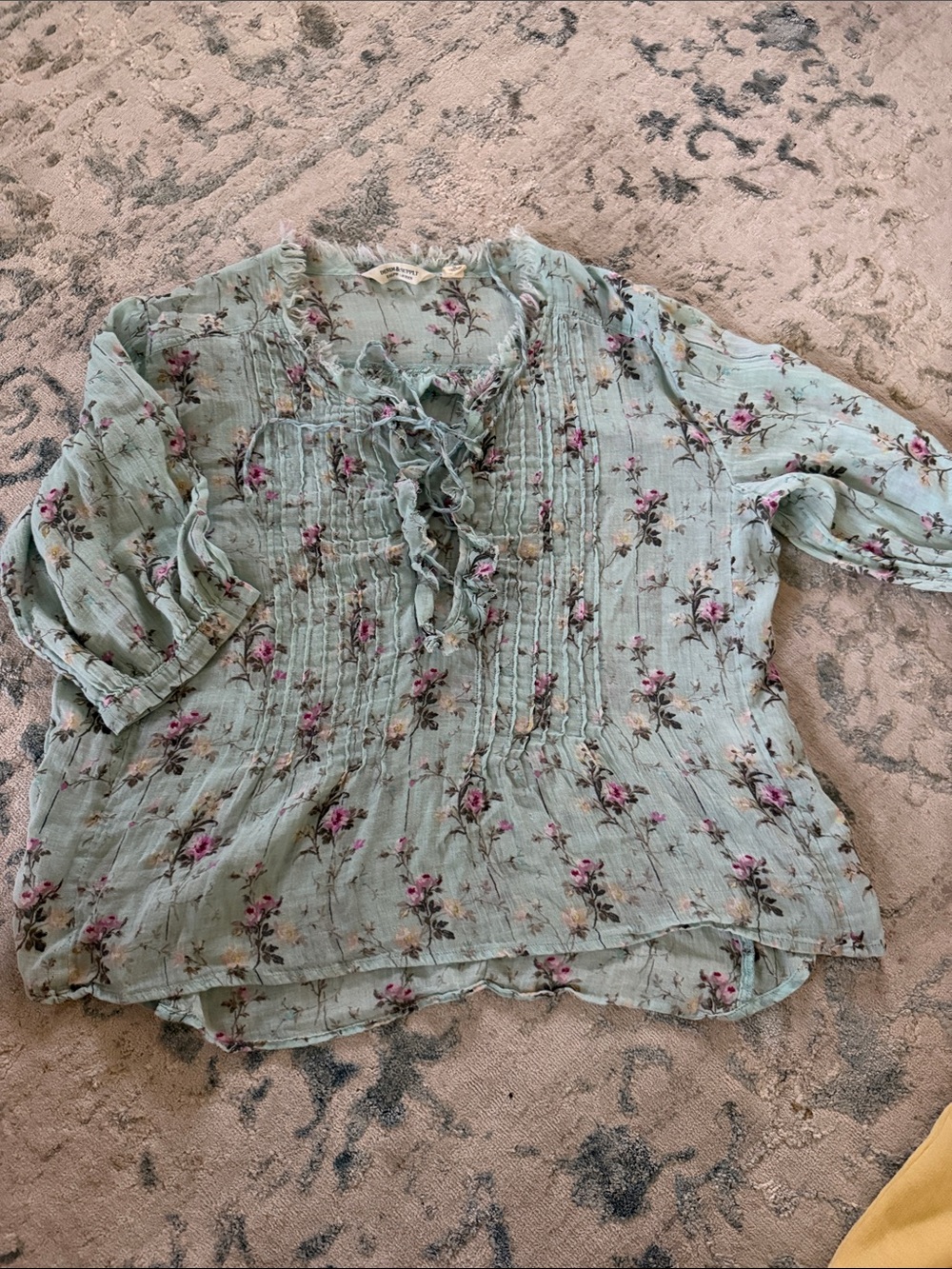 Denim & Supply Ralph Lauren Mint Blue Floral Ruffle Pintuck Blouse